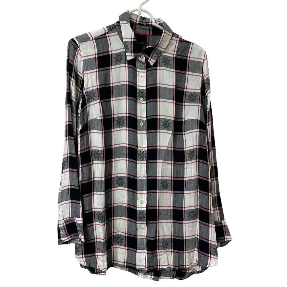 Talbots Womens Large Black White Red Plaid Snowflake Button Down Long Sleeve Top